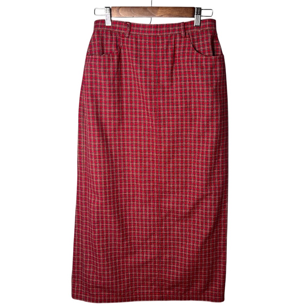 Vintage Susan Bristol Casuals Red Plaid Tartan Pencil Skirt Sz 8 Preppy Cottage